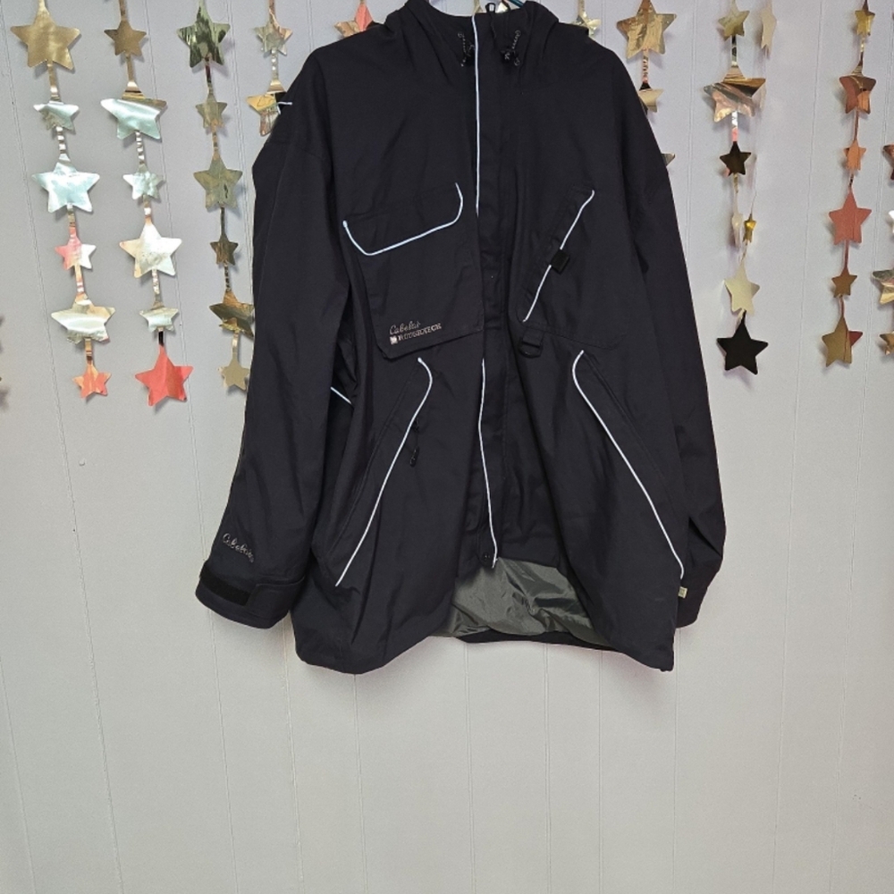 Cabelas Black roughneck watershedding work jacket with hood Reflecting striping